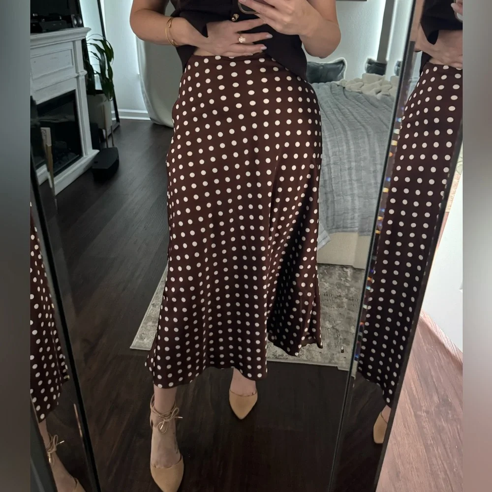 Fall Old Money Style Women's Chocolate Brown / White Polka Dot Satin Long Skirt - Picture 5 of 11